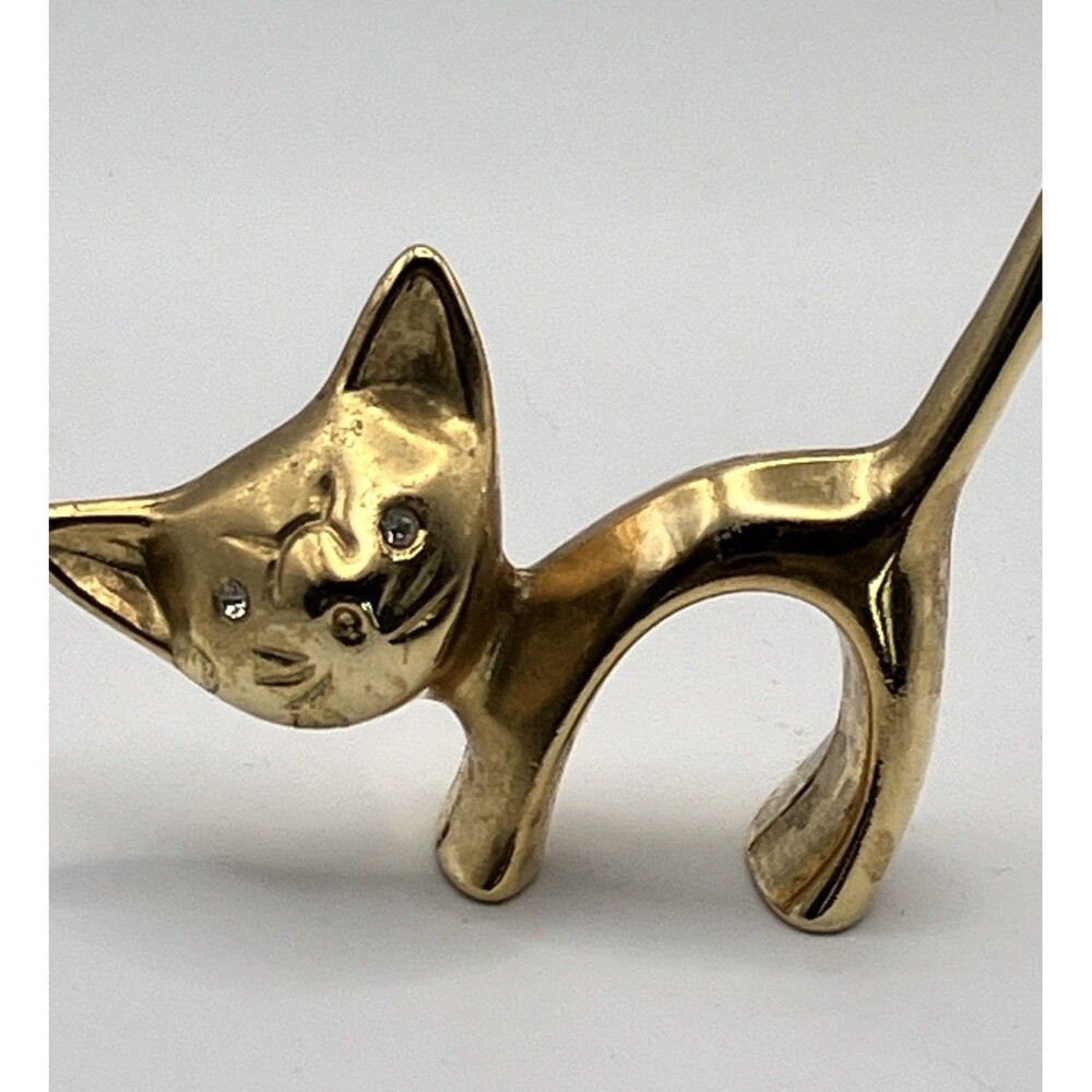 Vtg Bronze stylized cat Walter Bosse Style Brass Ring Holder Rhinestone Eyes